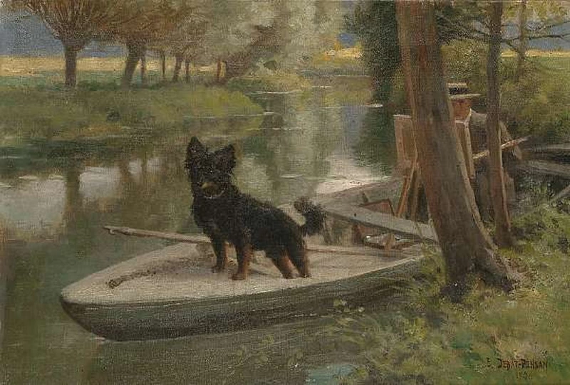 Un cane con un artista al lavoro su un barchino